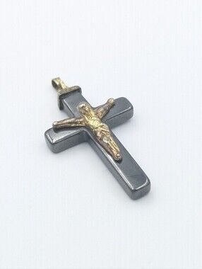 Hematite Gold Tone Crucifix Cross Pendant